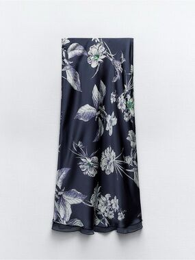 Zara Navy Floral Satin Midi Skirt with White and Green Print